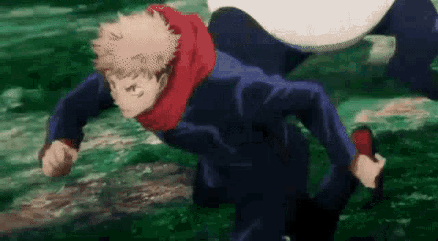 a man in a suit and scarf is running in a field with a panda in the background .