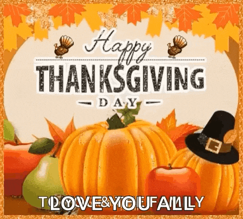 a happy thanksgiving card with pumpkins , apples , turkeys and leaves