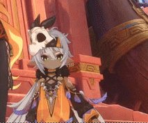 a cartoon character with a skull on her head is standing in front of a building