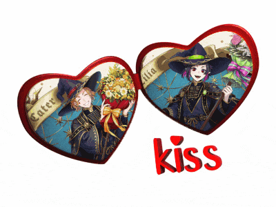a couple of hearts with the word kiss in red