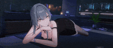 a girl with gray hair and yellow eyes is looking down