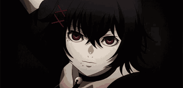 a girl with black hair and red eyes is wearing a choker and a bell around her neck .