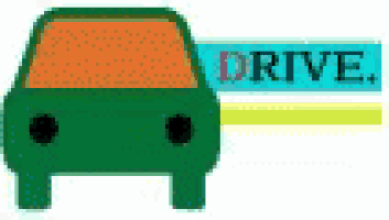 a green car with an orange roof is sitting next to a sign that says drive .