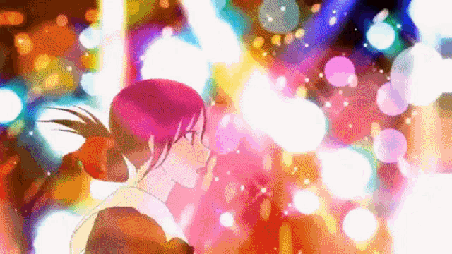 a girl with red hair is standing in front of a colorful background .