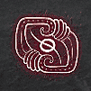 a red and white drawing of an eye with a circle in the middle .