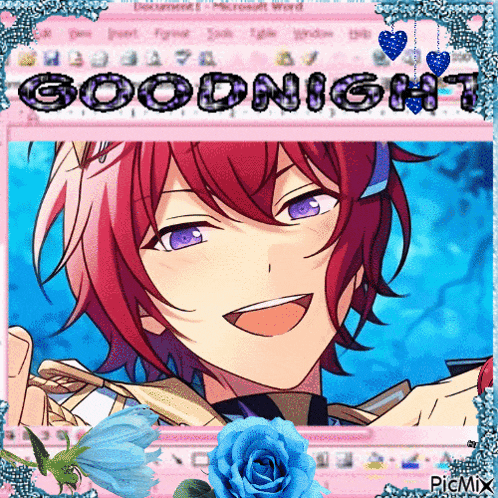a picture of a boy with red hair and purple eyes with the words goodnight