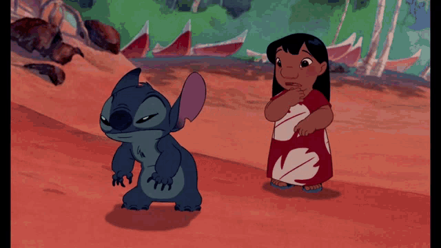 a stitch and a girl are standing next to each other in a cartoon