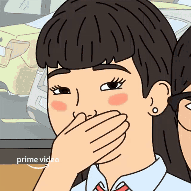 a cartoon of a woman covering her mouth with her hand and the words prime video below her