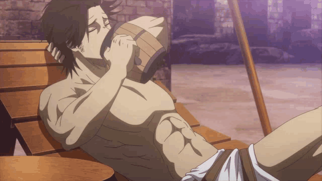 a shirtless anime character is laying on a wooden bench drinking from a bucket