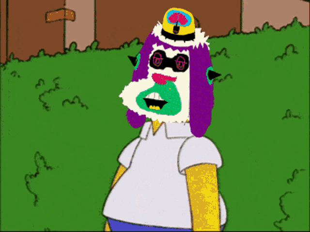a cartoon drawing of homer simpson wearing a purple hat