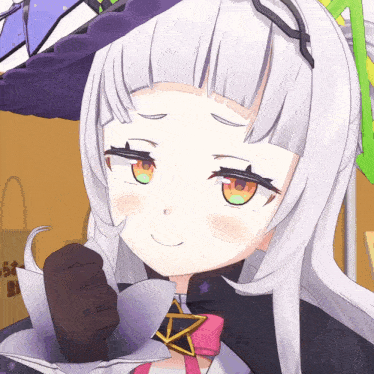 a close up of a cartoon character with gray hair and green eyes