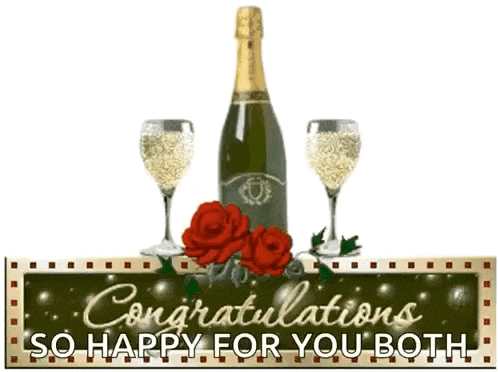 congratulations so happy for you both with a bottle of champagne and two glasses of champagne .
