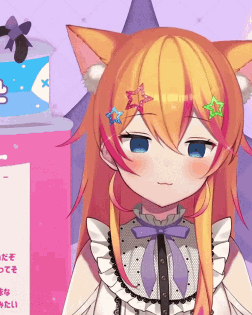 a close up of a girl 's face with a star in her hair