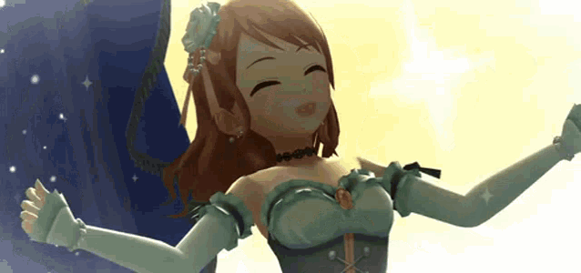 a cartoon girl in a white dress and gloves is dancing with her arms outstretched .