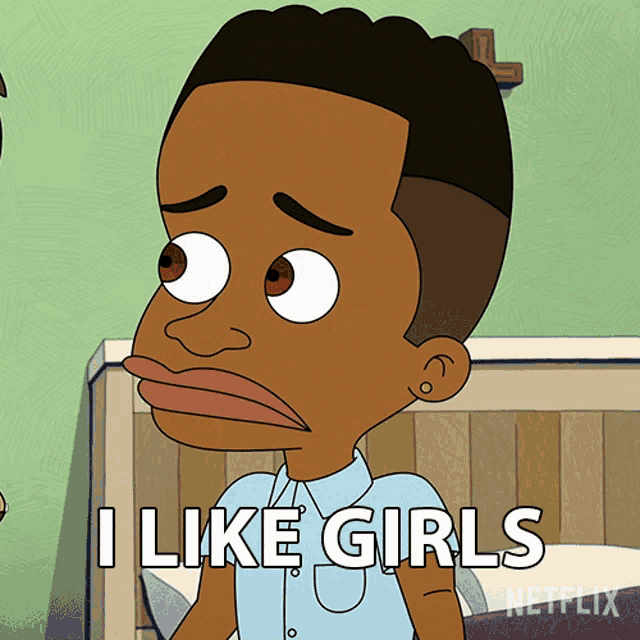 a cartoon character says " i like girls " in white letters