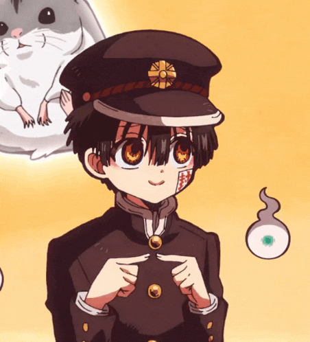 a boy wearing a hat with a sun on it is standing next to a hamster and a ghost