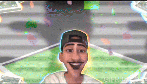 a cartoon of a man with a mustache and a baseball cap surrounded by money