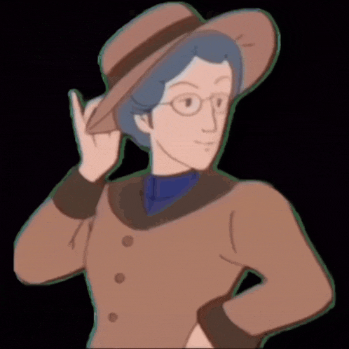 a cartoon woman wearing glasses and a hat is making a peace sign