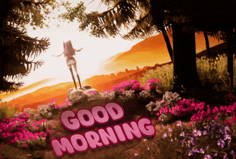 a good morning greeting card with a girl standing on a hill in the woods