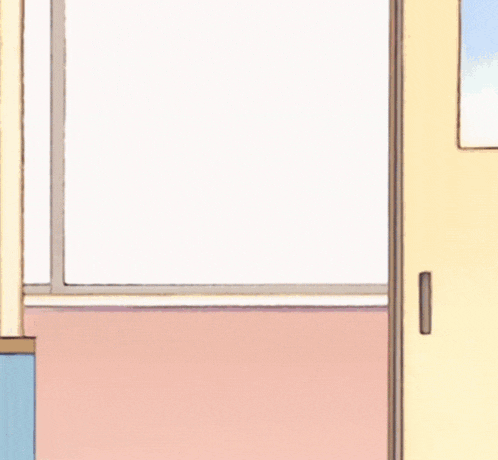 a cartoon girl with blue hair is standing in a doorway with her eyes closed