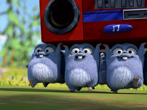 a group of cartoon animals carrying a red box with a music button