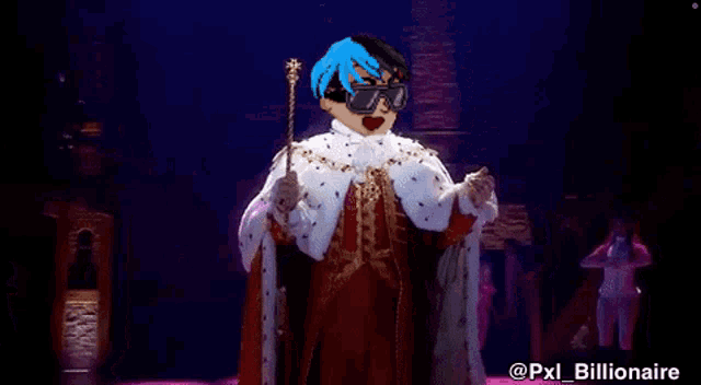 a pixel art of a man in a king costume with a crown and sunglasses