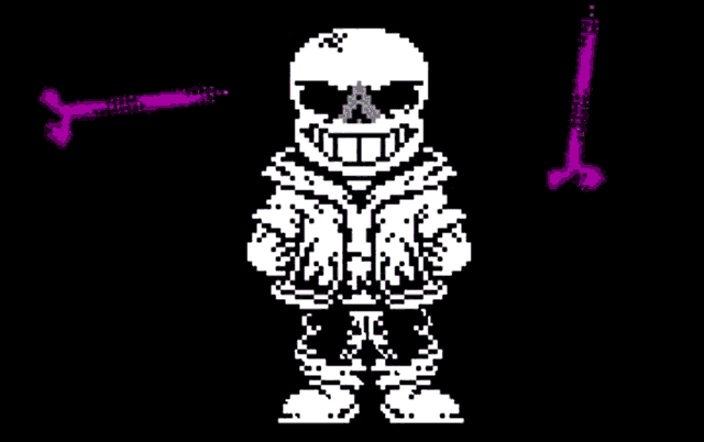 a pixel art of a skeleton with sunglasses and a purple arrow behind him .