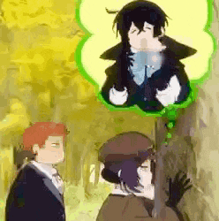a group of people are standing next to each other in a forest . one of the people is thinking about a man .