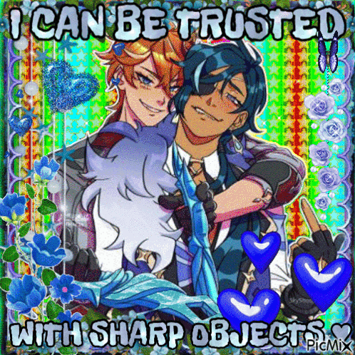 a couple of anime characters hugging each other with the words i can be trusted with sharp objects