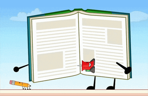 a cartoon drawing of a book with a face and arms and legs