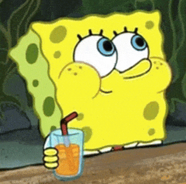 spongebob is drinking orange juice through a straw .