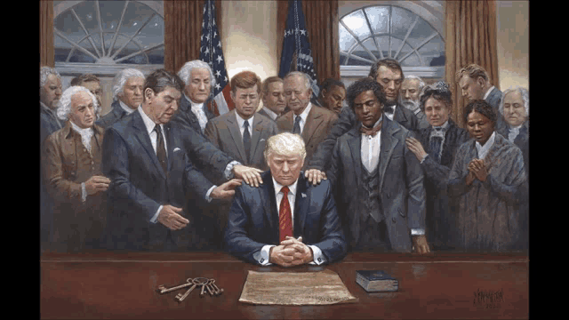 a painting of donald trump surrounded by a group of men