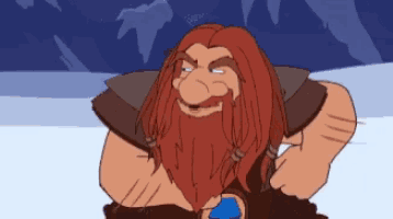a cartoon character with red hair and a beard is smiling