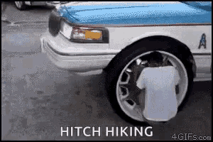 a car with the word hitch hiking written on the bottom