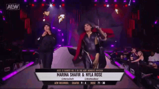 a wrestling match between marina shafir and nyla rose is going on