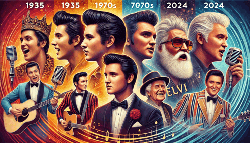 a collage of elvis presley 's portraits with the years 1935 1970s and 2024