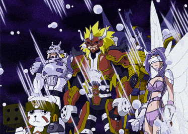 a group of cartoon characters are standing next to each other with one of them wearing a purple bra
