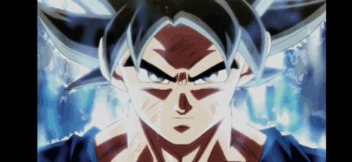 a close up of a dragon ball z character with a blue background