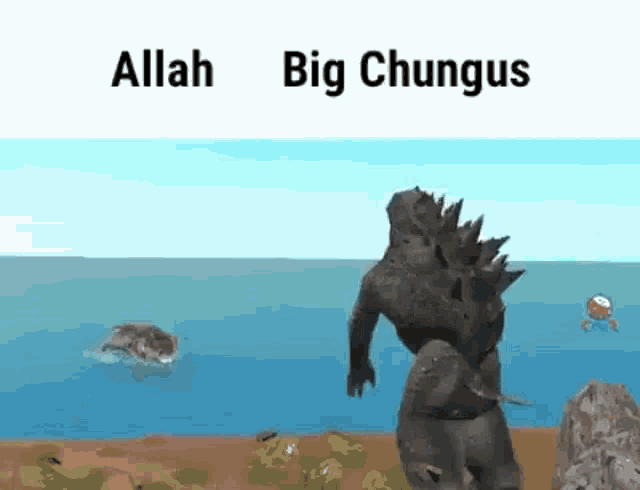 a cartoon of a monster standing on top of a rock in the ocean .