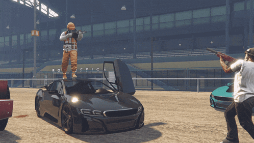 a man with a gun stands on top of a black car in front of a building that says police