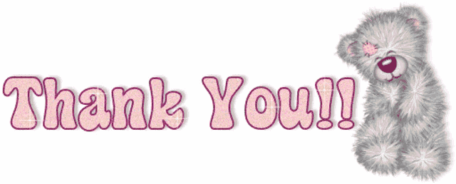 a teddy bear with a flower on its nose is standing next to the words thank you