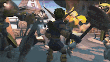 a video game character is holding a hammer in his hand while fighting a group of monsters .