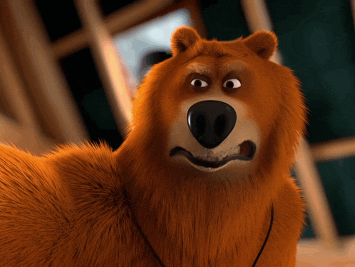 a close up of a cartoon bear with a surprised look on its face