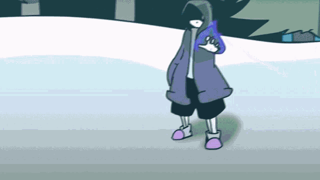 a cartoon character is standing in the snow wearing a hooded jacket