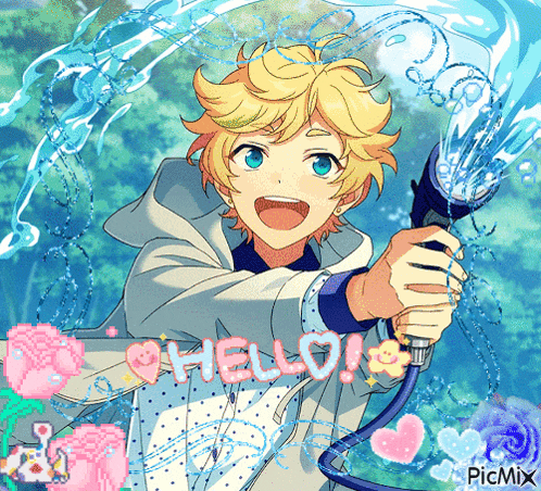 a picture of a boy holding a hose with the words hello written on it