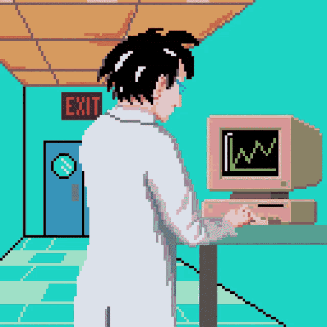 a pixel art illustration of a man using a computer with an exit sign in the background