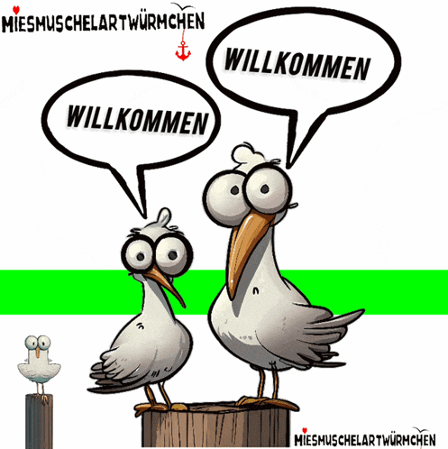 two seagulls are standing next to each other with speech bubbles that say " willkommen "