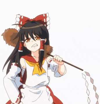 a girl with long black hair and a red bow on her head is holding a stick