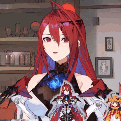 a girl with red hair is holding a sword