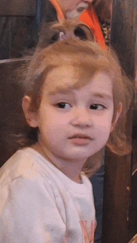 a little girl with a ponytail and a white shirt looks at the camera